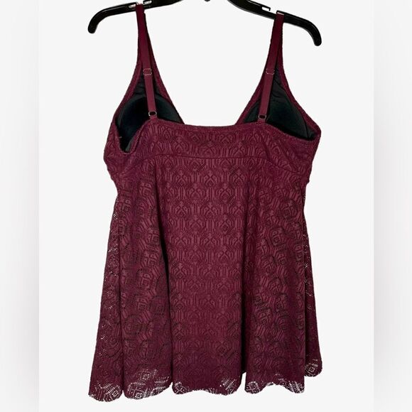 NWT Meet.Curve Burgundy One Piece Swimsuit with lace overlay cover up side slit - Picture 4 of 5